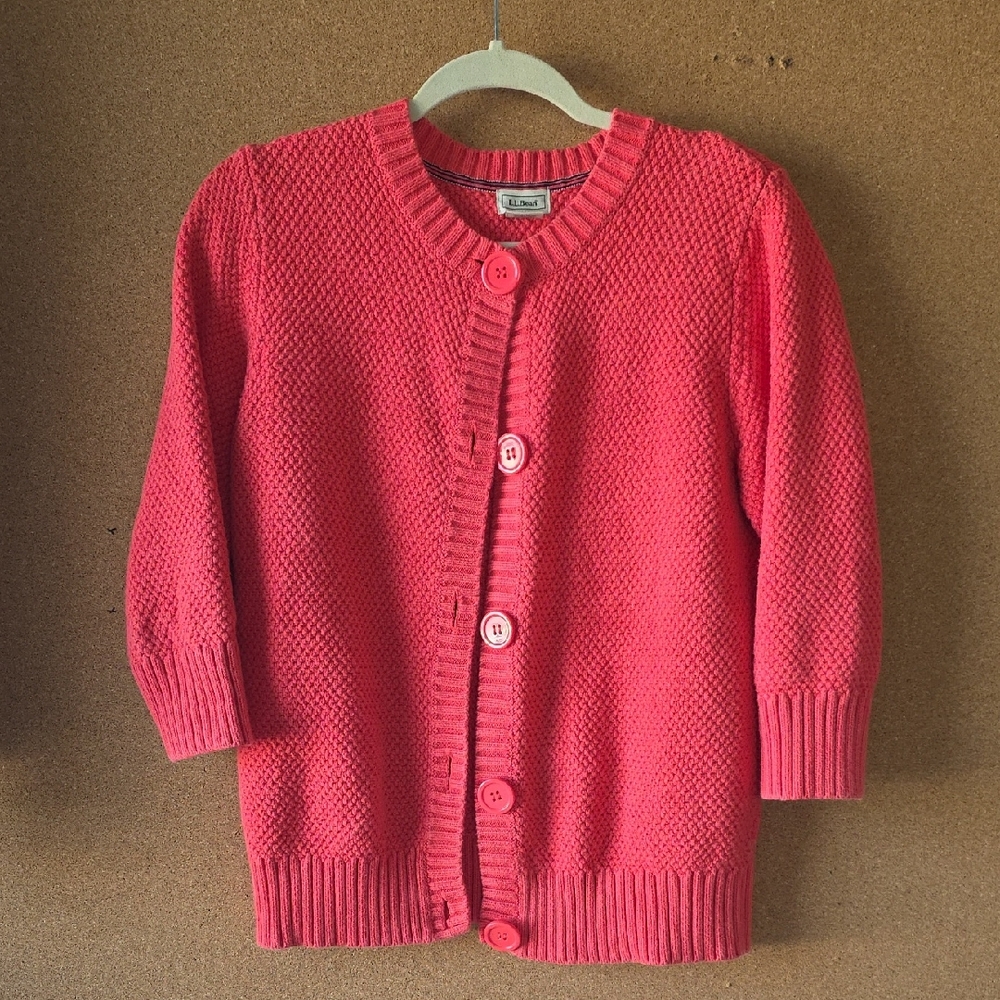 L.L.Bean Pink 100% Cotton Button‑Up Spring Cardigan Quarter Sleeves  L